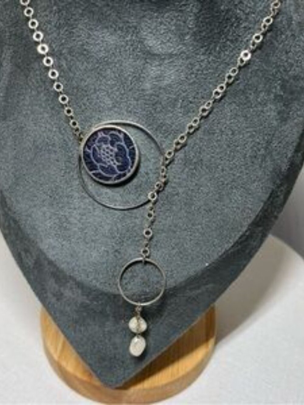 Sterling Silver necklace w Blue silk fabric Pendant  white pearlsHandmade - Picture 2 of 4